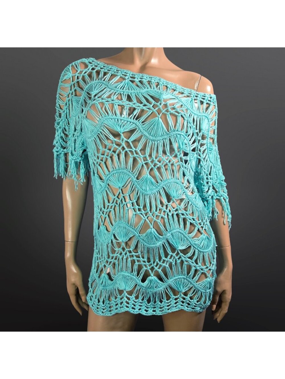 Y2K Aqua Turquoise Blue Crochet Dress Tunic Beach Cover Up Size S/M Mermaid